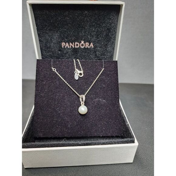 PANDORA Elegant Beauty Pendant, White Pearl & Clear CZ with necklace - Picture 1 of 5